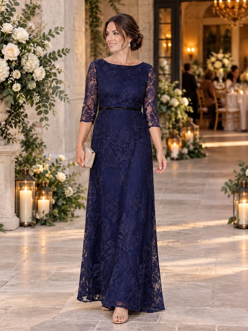 BRIANNA Women's Navy Lace 3/4 Long Sleeve Formal Maxi Dress 14W